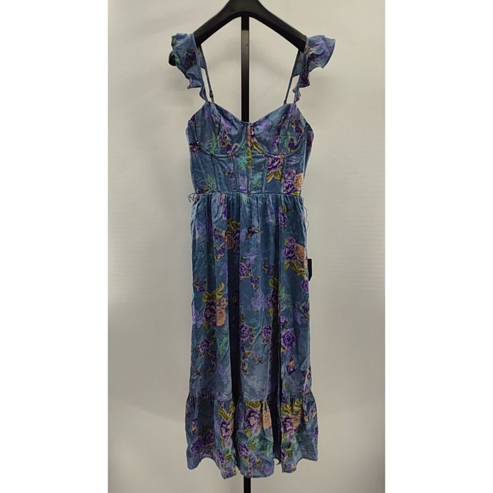 Lulu's Blue Floral Midi Dress with Purple & Green Accents